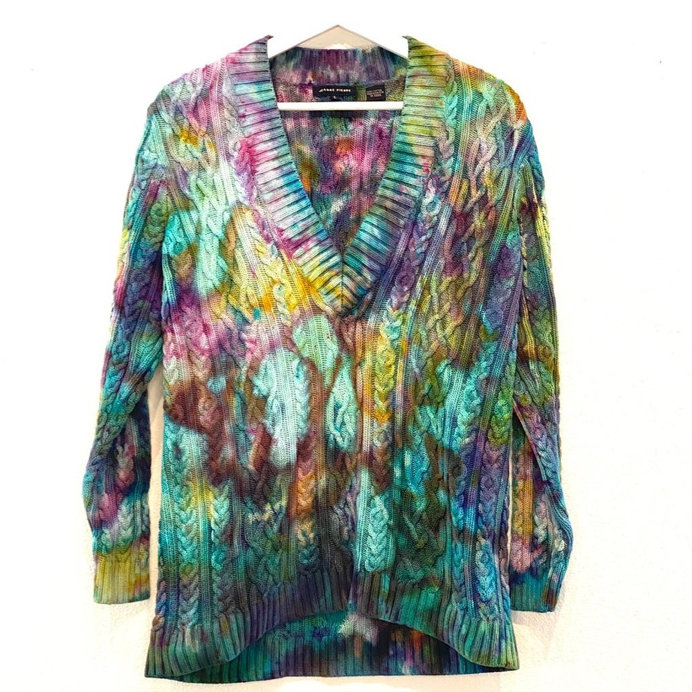 Jeanne Pierre V-Neck Knit Sweater One of a Kind Hand Tie Dyed Large
